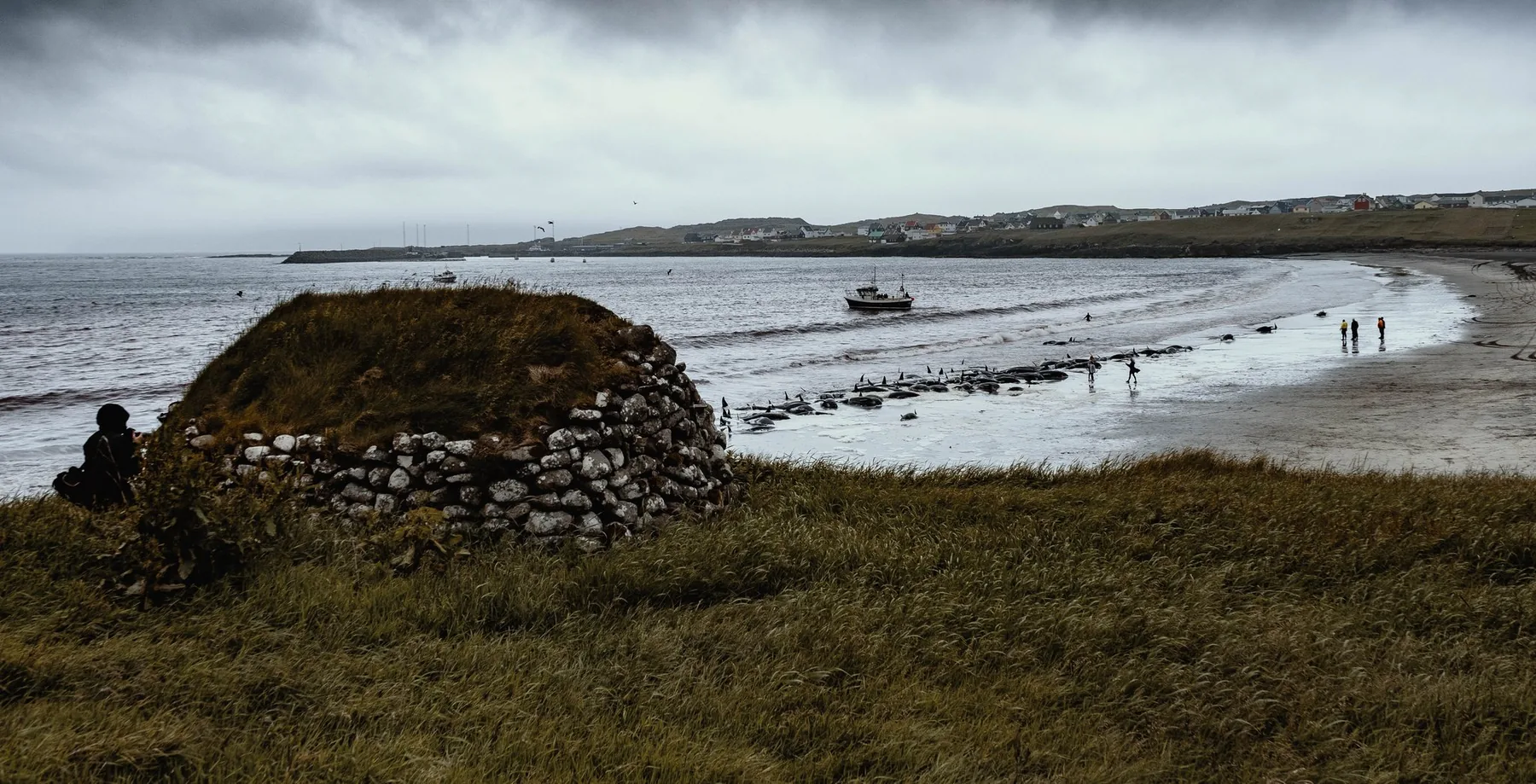 People gathering along a Faroe shoreline during a grindadráp, photographed by Odin Oddekalv